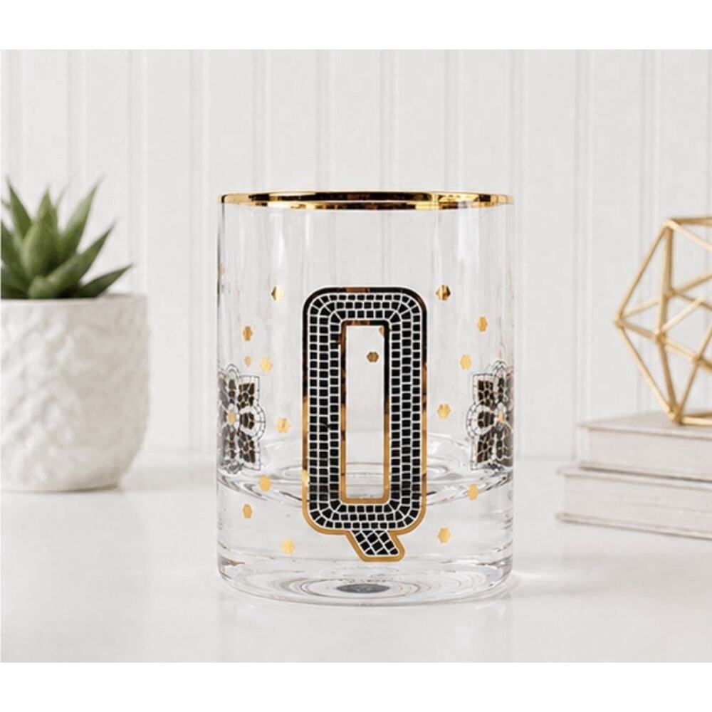 ANTHROPOLOGIE The Bistro Tile Monogram "Q" Old Fashioned Glass 24k Gold Rim NEW